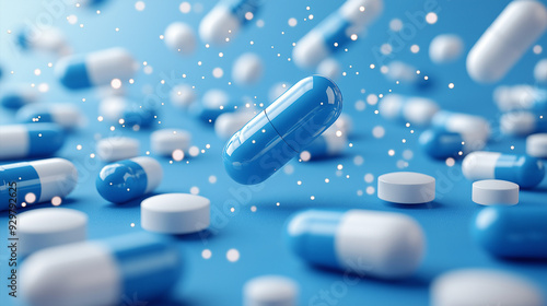 Blue white pills falling on a blue background. Vitamins in capsules. 