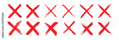 Red cross sign icon in brush set. Wrong mark icon in brush. Red grunge X icon. Cross brush signs - stock vector illustration.

