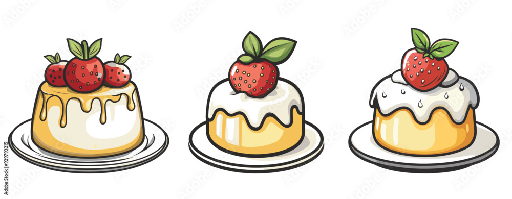 set of pudding cakes with white frosting and strawberry toppings on plates cartoon generative ai set of pudding cakes with white frosting and strawberry toppings on plates cartoon generative ai