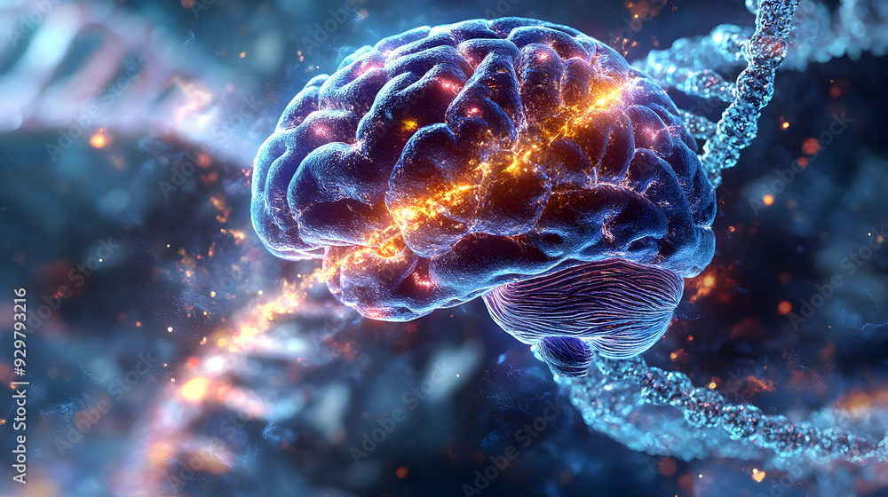 A digital representation of a brain intertwined with DNA strands. A digital representation of a brain intertwined with DNA strands.