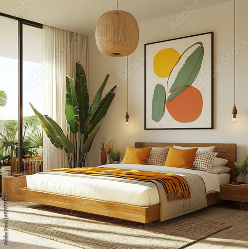 a modern double bedroom in a Brazilian flat, blending contemporary style with local cultural elements. a light, airy color palette, neutral tones accented, colors like turquoise or terracotta. photo