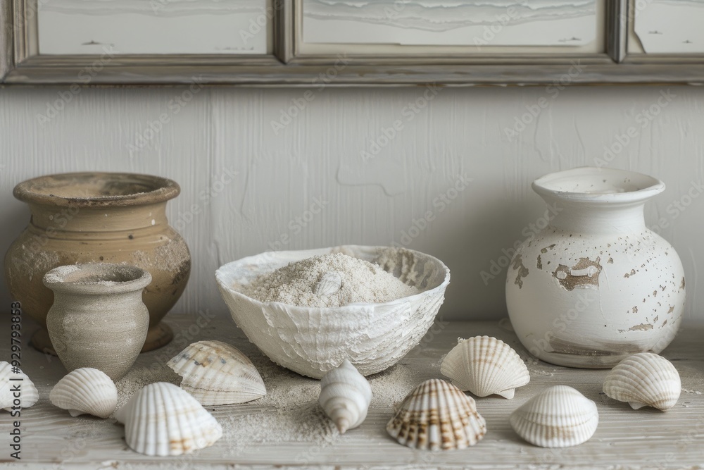 Studio setting with beach-themed decor, including shells, sand, and ocean artwork. Studio setting with beach-themed decor, including shells, sand, and ocean artwork.