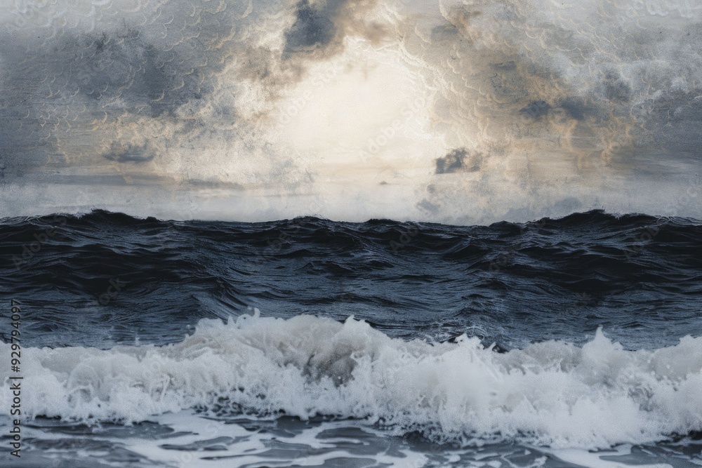 Fototapeta premium Surreal beach art collage, fusing aspects of the ocean, sky, and imaginative shapes to create a dreamlike visual experience.