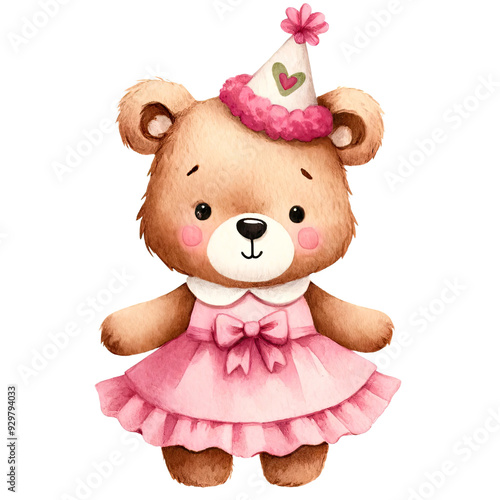 Cute watercolor teddy bear wearing a pink dress and party hat, ideal for kids' birthday themes, greeting cards, or nursery decorations. photo