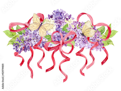 Watercolor illustration of lilac. Composition of purple syringa with leaves, flowers, red satin ribbons, bow and butterflies. Spring flower on a transparent background for wedding invitation card. photo