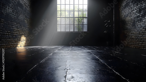 A dimly lit room with a lar...