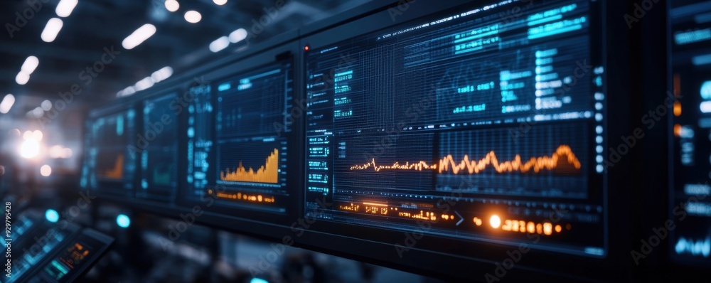 An aerospace manufacturing plant bustling with activity, with economic charts prominently displayed on digital screens An aerospace manufacturing plant bustling with activity, with economic charts prominently displayed on digital screens