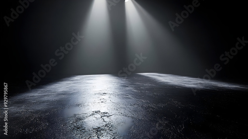 A dimly lit stage with beam...