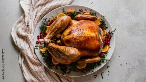 Perfectly roasted Thanksgiving turkey garnished with orange slices, cranberries, and fresh herbs, served on a white platter with a striped linen napkin, ideal for festive holiday meal presentations photo