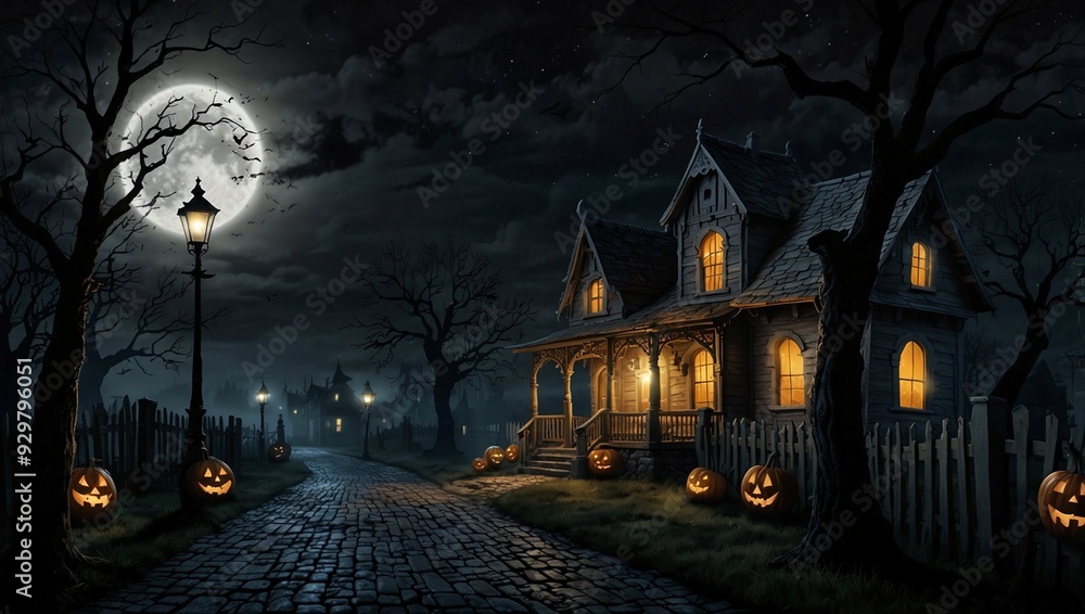 Happy halloween banner or party invitation background with moon and pumpkins Happy halloween banner or party invitation background with moon and pumpkins