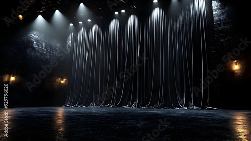 A dimly lit stage with blac...