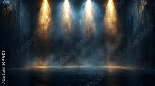 A dimly lit stage with mist...