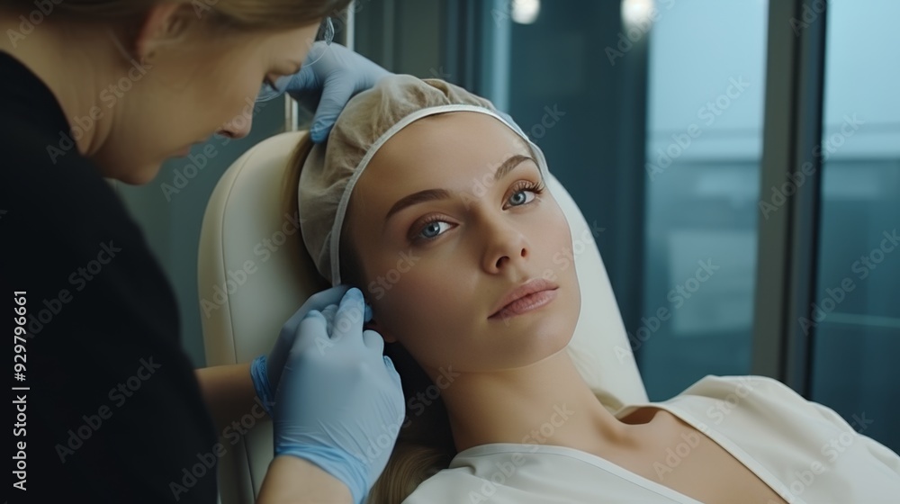 Young woman getting anti aging botox injection on forehead by cosmetologist in beauty salon Young woman getting anti aging botox injection on forehead by cosmetologist in beauty salon