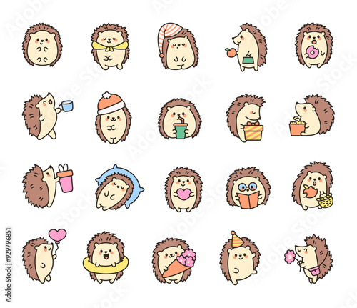 Adorable kawaii hedgehog. Funny cartoon forest character. Hand drawn style. Vector drawing. Collection of design elements.