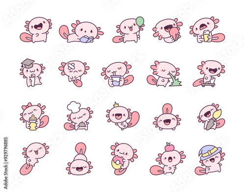 Happy kawaii axolotl. Cartoon character with different objects. Vector drawing. Collection of design elements.