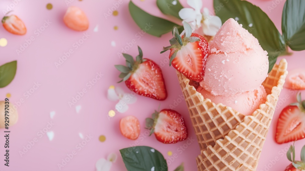 Delicious Strawberry Ice Cream in Waffle Cone with Fresh Strawberries and Green Leaves on Pink Background Delicious Strawberry Ice Cream in Waffle Cone with Fresh Strawberries and Green Leaves on Pink Background