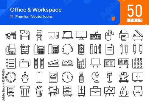 Office icons set, Workspace icons set, bold stoke line style icons, office icon, desk, chair, computer, laptop, monitor, keyboard, mouse, printer, scanner, fax machine, copier, telephone