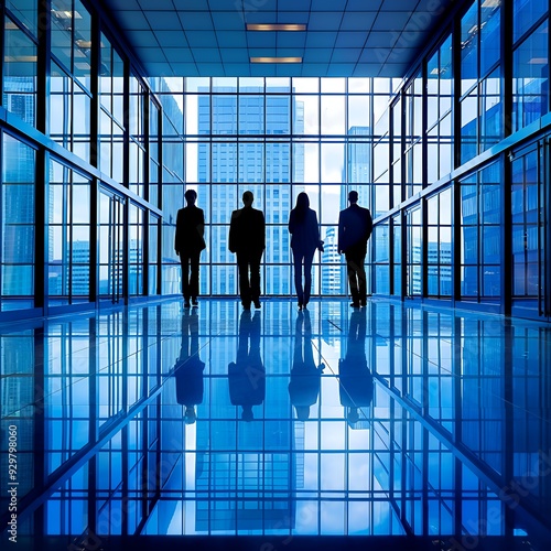 Silhouettes of professionals walking in a modern office corridor with glass windows.