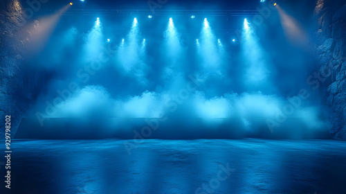 A dramatic stage with blue ...