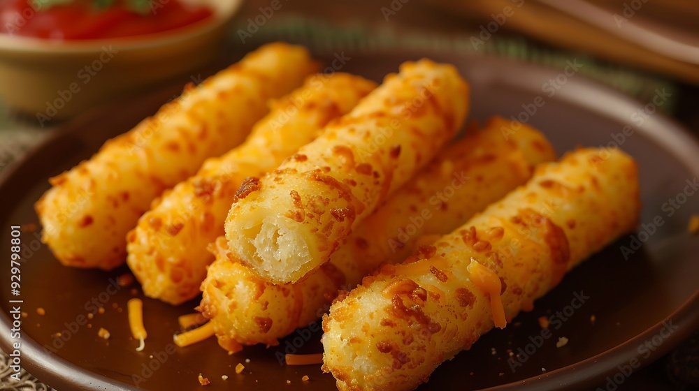 An upclose view of a plate of quick service cheddar sticks An upclose view of a plate of quick service cheddar sticks