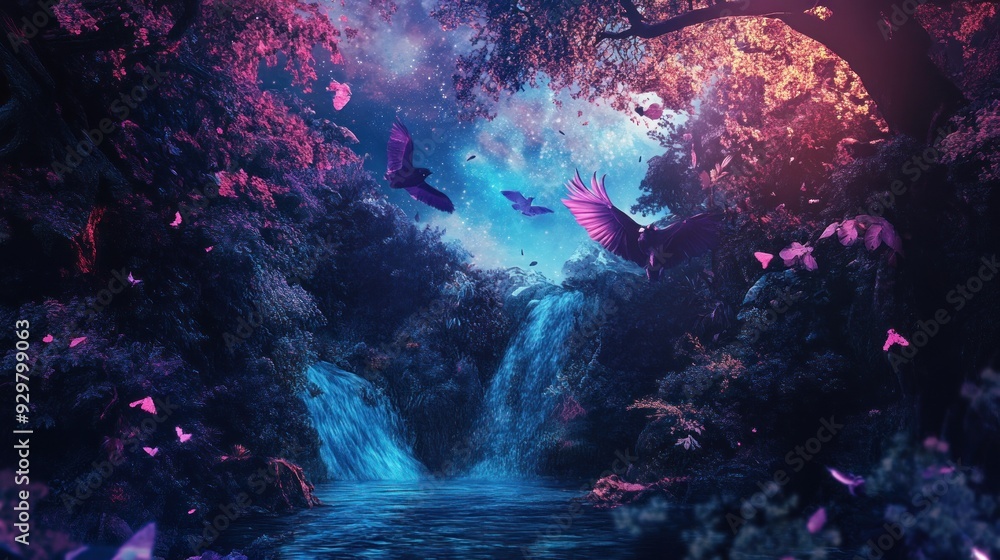 Fototapeta premium Enchanted Forest with Cascading Waterfalls and Flying Birds
