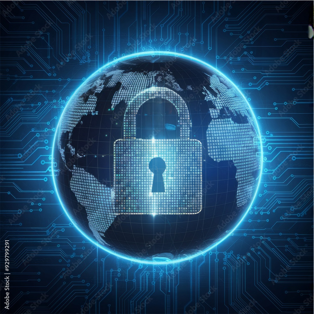 Globe with digital padlock over circuit board, dark background. Concept of global cybersecurity and digital protection. Generative AI Globe with digital padlock over circuit board, dark background. Concept of global cybersecurity and digital protection. Generative AI
