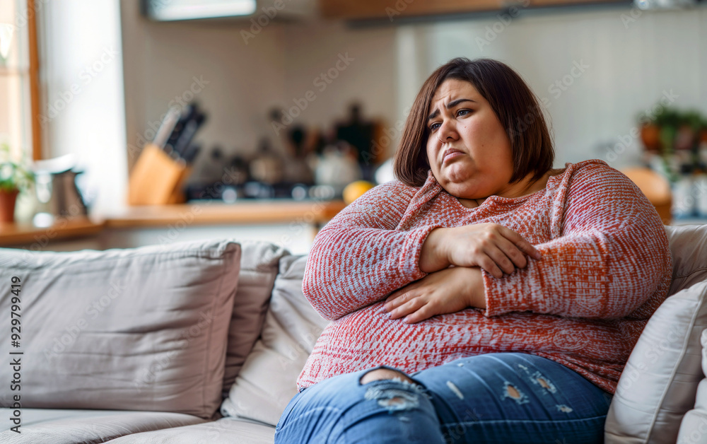Obraz premium A woman sits on a sofa in casual clothes, exuding sadness and deep contemplation, showing an emotional, reflective moment within a cozy home setting, contemplating personal issues.