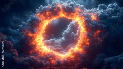 A fiery circular formation amidst dark clouds, evoking intensity.