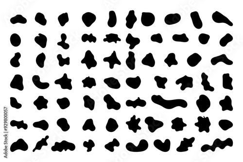 Random shapes. Organic black blobs of irregular shape. Abstract blotch, inkblot and pebble silhouettes, simple liquid amorphous splodge elements water forms creative minimal bubble stone vector set