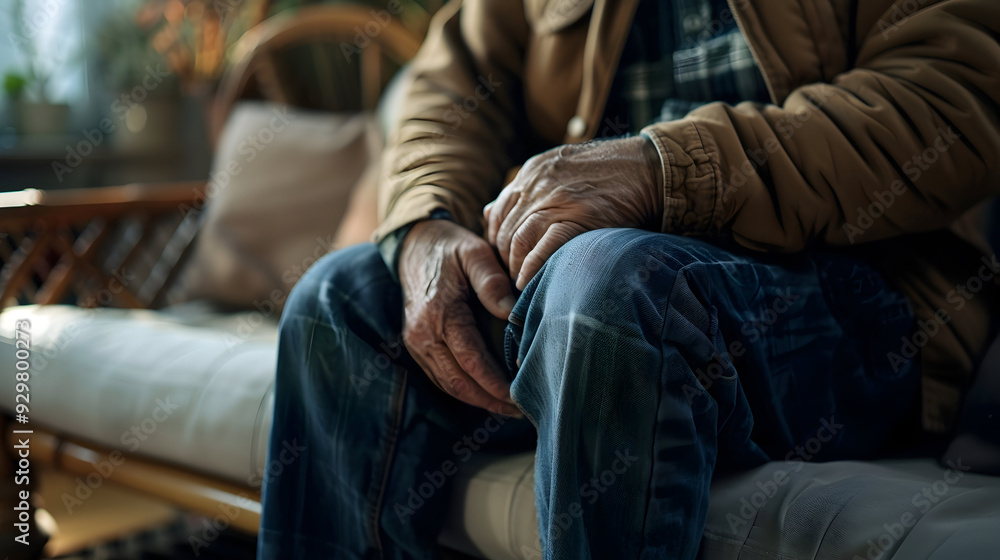 Man suffering from knee pain sitting sofa Man suffering from knee pain sitting sofa