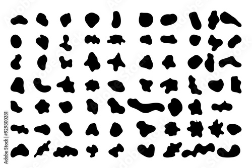 Random shapes. Organic black blobs of irregular shape. Abstract blotch, inkblot and pebble silhouettes, simple liquid amorphous splodge elements water forms creative minimal bubble stone vector set