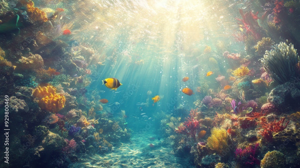 Naklejka premium Sunbeams Illuminate a Vibrant Coral Reef with Colorful Fish