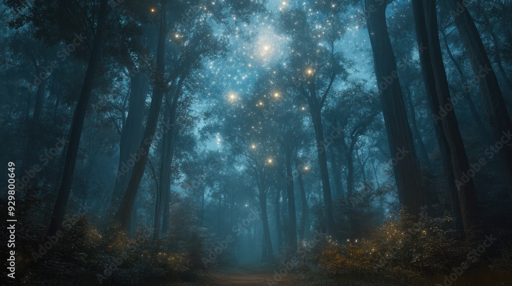 Obraz premium A Mystical Forest Path Lit by Fireflies and Stars