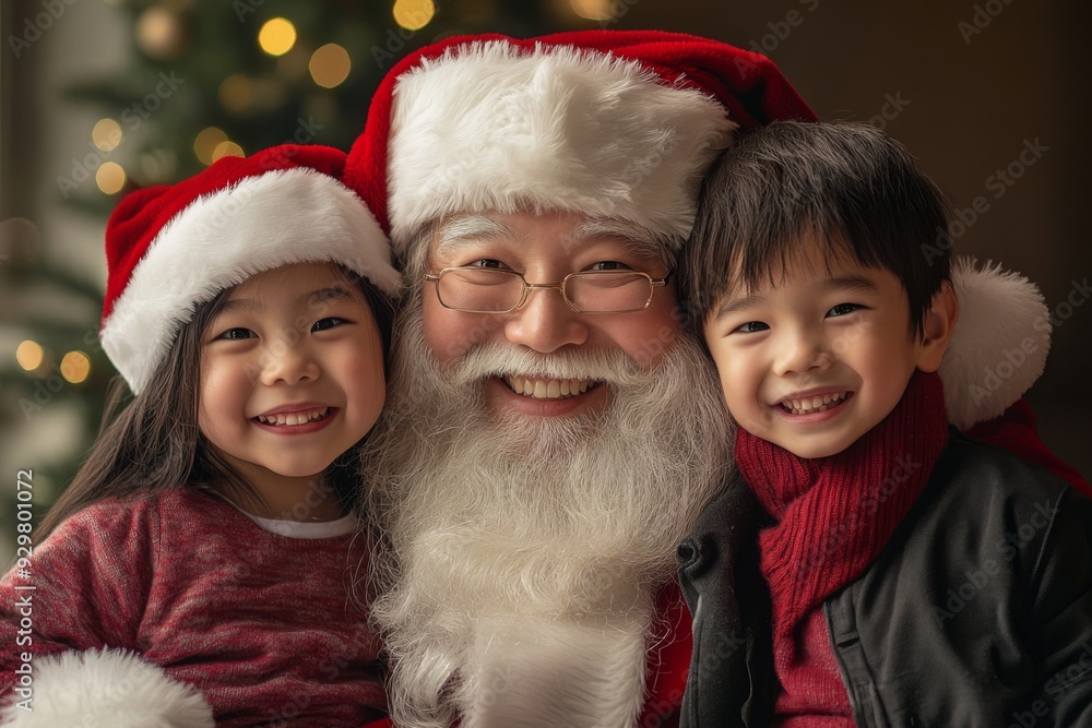Santa Claus sits with two Asian children Santa Claus sits with two Asian children