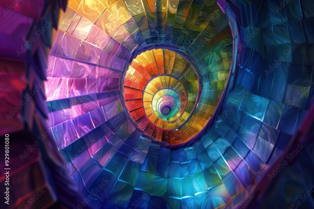Fototapeta premium A 3D holographic spiral staircase, twisting upwards with each step changing colors.