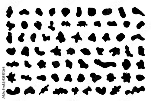 Random shapes. Organic black blobs of irregular shape. Abstract blotch, inkblot and pebble silhouettes, simple liquid amorphous splodge elements water forms creative minimal bubble stone vector set
