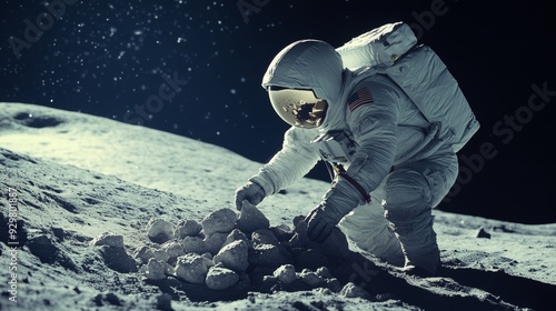 real photograph of an astronaut collecting moon rocks and arranging them into small piles on the lunar surface, illuminated by bright light in the background photo