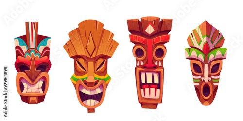 Traditional Hawaiian totem tiki mask collection. Cartoon vector illustration set of wooden tribal culture statue head with tropical leaves decorations. Face emotions with eyes, teeth and tongue.