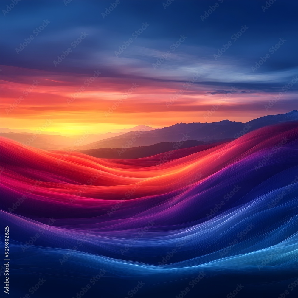 Abstract landscape with vibrant waves of color flowing beneath a dramatic sunset sky, blending warm oranges with cool blues in a surreal mountain scene. Abstract landscape with vibrant waves of color flowing beneath a dramatic sunset sky, blending warm oranges with cool blues in a surreal mountain scene.
