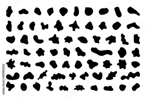 Random shapes. Organic black blobs of irregular shape. Abstract blotch, inkblot and pebble silhouettes, simple liquid amorphous splodge elements water forms creative minimal bubble stone vector set