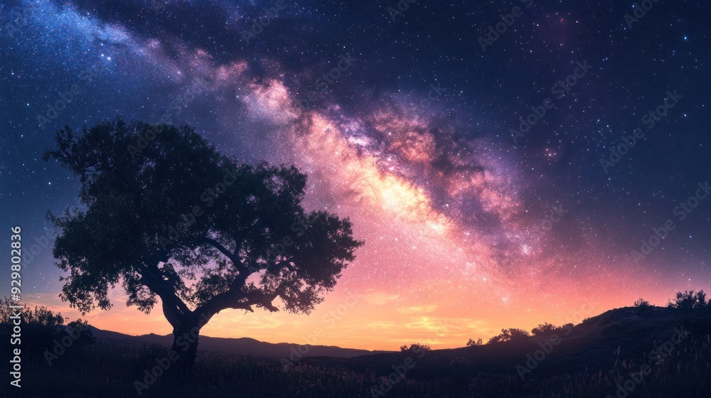 Fototapeta premium Milky Way Galaxy Over a Silhouetted Tree and Hills