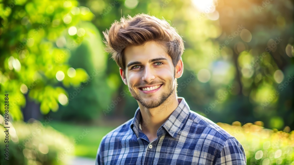 Smiling young adult with stylish hairstyle and casual outfit poses confidently in a natural outdoor setting with blurred greenery background on a sunny day. Smiling young adult with stylish hairstyle and casual outfit poses confidently in a natural outdoor setting with blurred greenery background on a sunny day.
