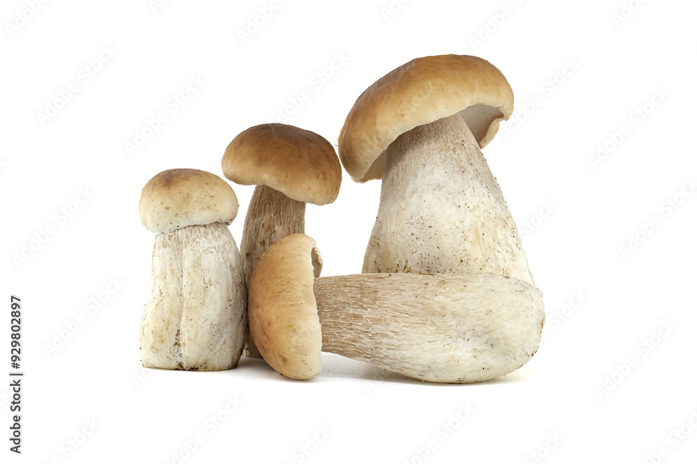 Fresh penny bun mushrooms on a white background presented in a group Fresh penny bun mushrooms on a white background presented in a group