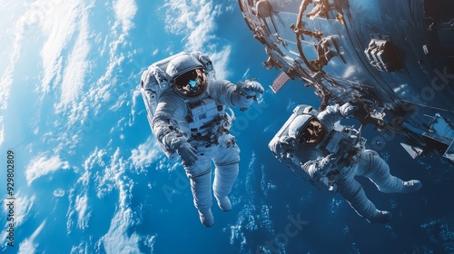 Fototapeta Naklejka Na Ścianę i Meble -  two astronauts floating near the international space station in a photorealistic image with earth visible below and one astronaut reaching out towards the other against a backdrop
