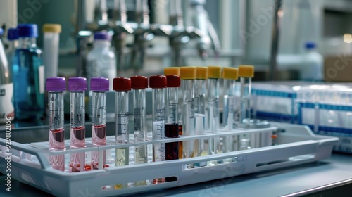 A variety of medical syringes and vials, organized neatly on a tray in a hospital room.