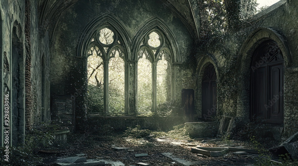 Overgrown Interior of a Stone Church