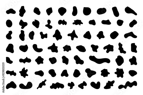 Random shapes. Organic black blobs of irregular shape. Abstract blotch, inkblot and pebble silhouettes, simple liquid amorphous splodge elements water forms creative minimal bubble stone vector set