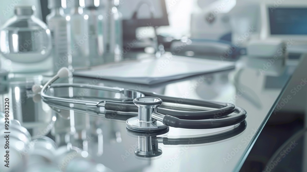 A close-up of a cutting-edge stethoscope on a sterile desk, emphasizing accuracy and novel materials A close-up of a cutting-edge stethoscope on a sterile desk, emphasizing accuracy and novel materials