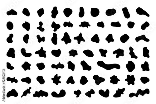 Random shapes. Organic black blobs of irregular shape. Abstract blotch, inkblot and pebble silhouettes, simple liquid amorphous splodge elements water forms creative minimal bubble stone vector set