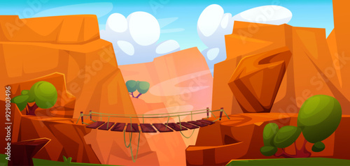 Wooden bridge on mountain cliff suspension edges over chasm in desert landscape with blue cloudy sky and green grass. Cartoon vector footbridge connection for extreme crossing of brown canyon.